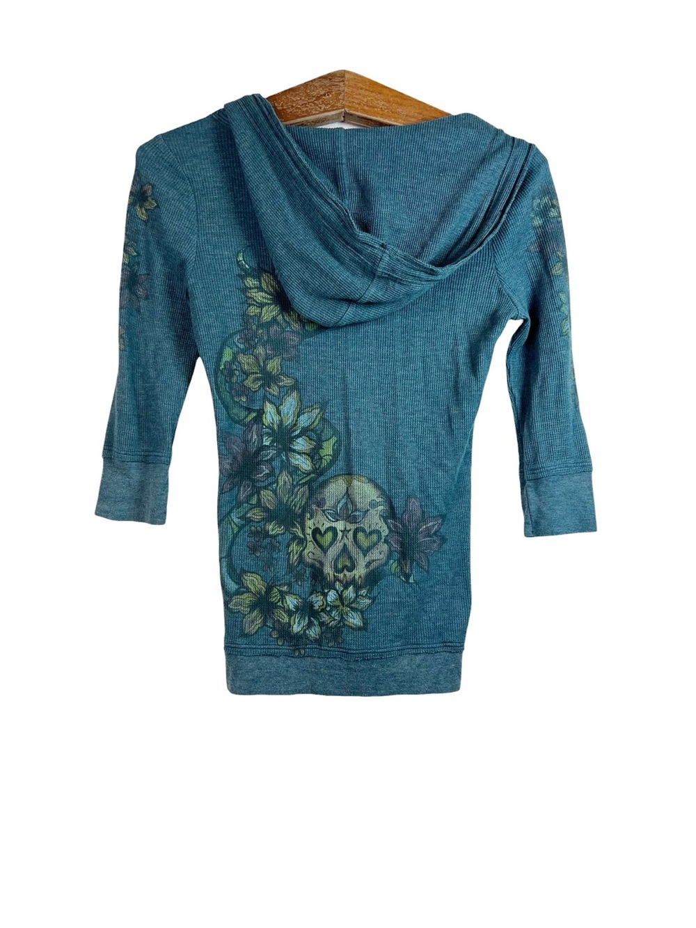 Scrapbook Green Teal Thermal Skull Floral 3/4 Sleeve Sweater Size M Y2K Grunge - Picture 3 of 10